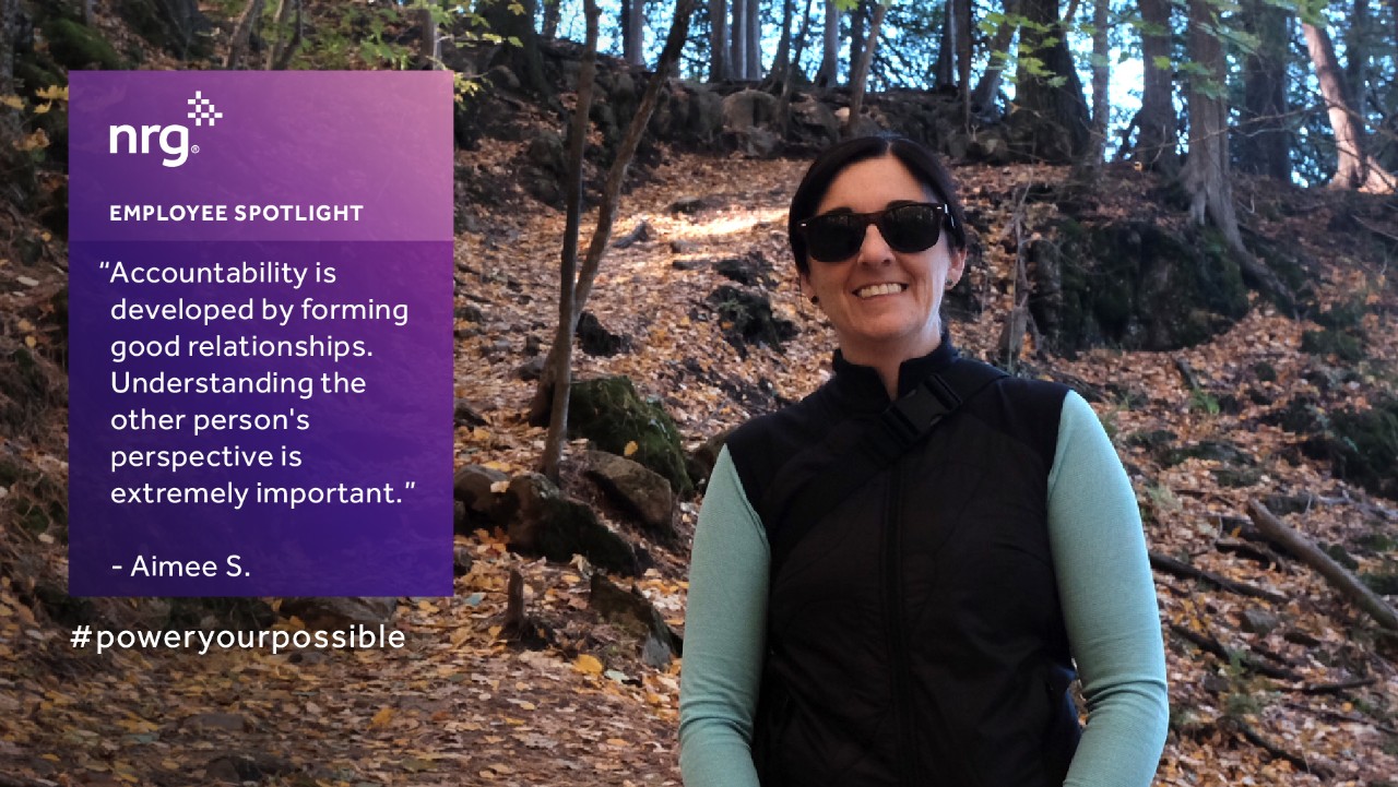 woman in sunglasses stands in a forest; text box highlights an employee spotlight and a quote about accountability.