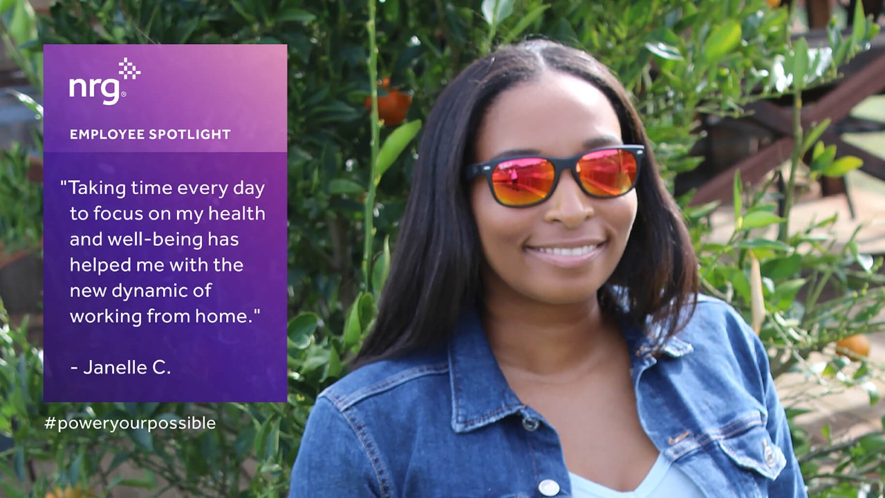 woman in sunglasses smiles outdoors; NRG employee spotlight quote is displayed on a purple box at left.