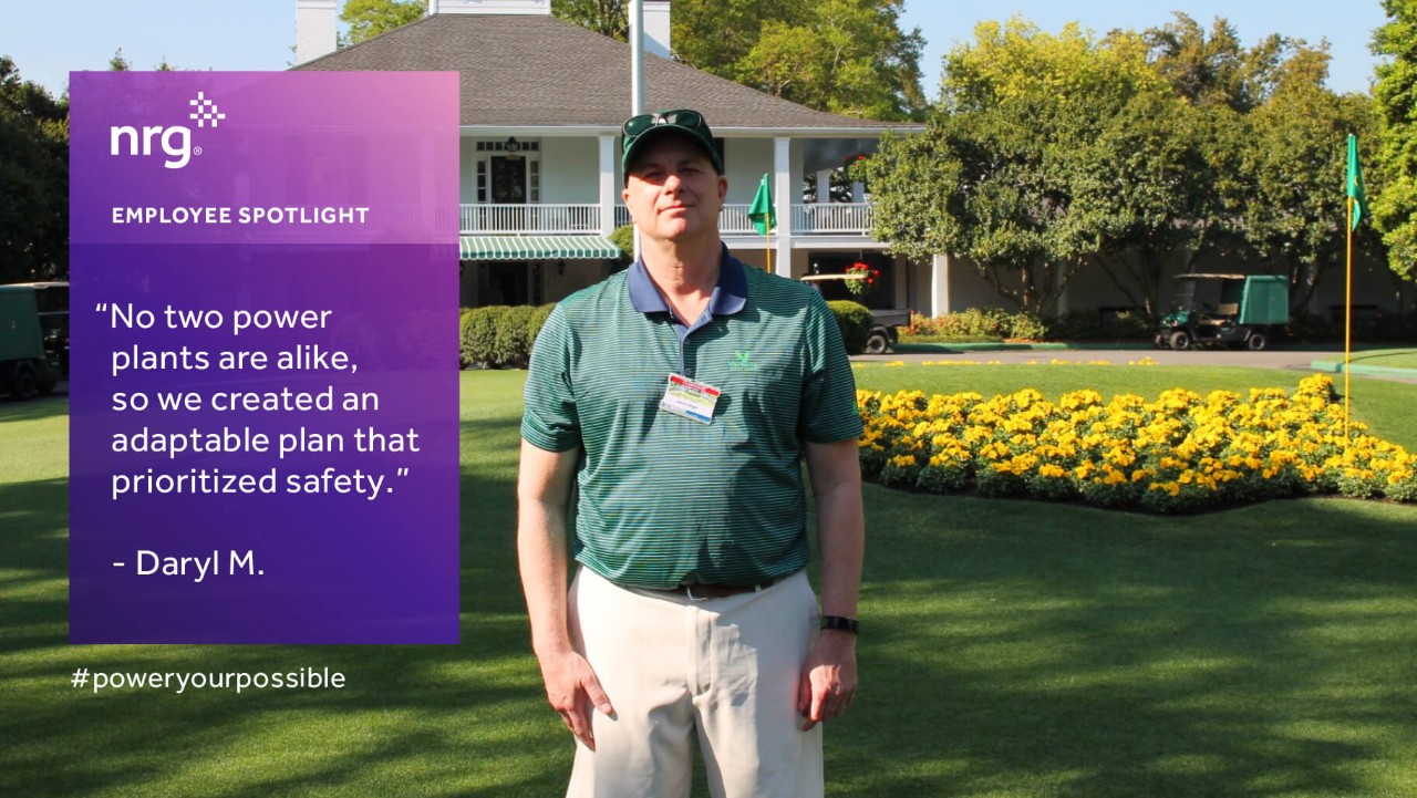 man in green shirt and khaki pants stands outside by flowers, next to a quote about adaptable power plant plans.