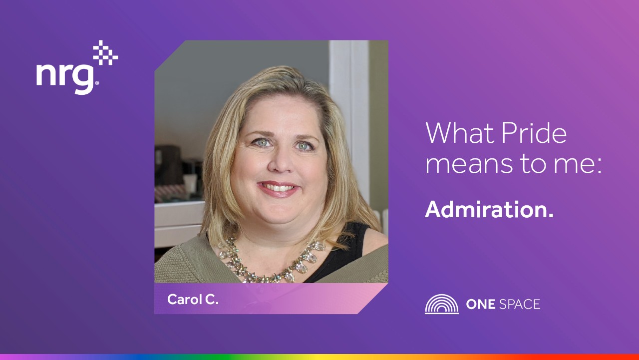 smiling woman with blonde hair and necklace, text reads What Pride means to me: Admiration. Carol C.