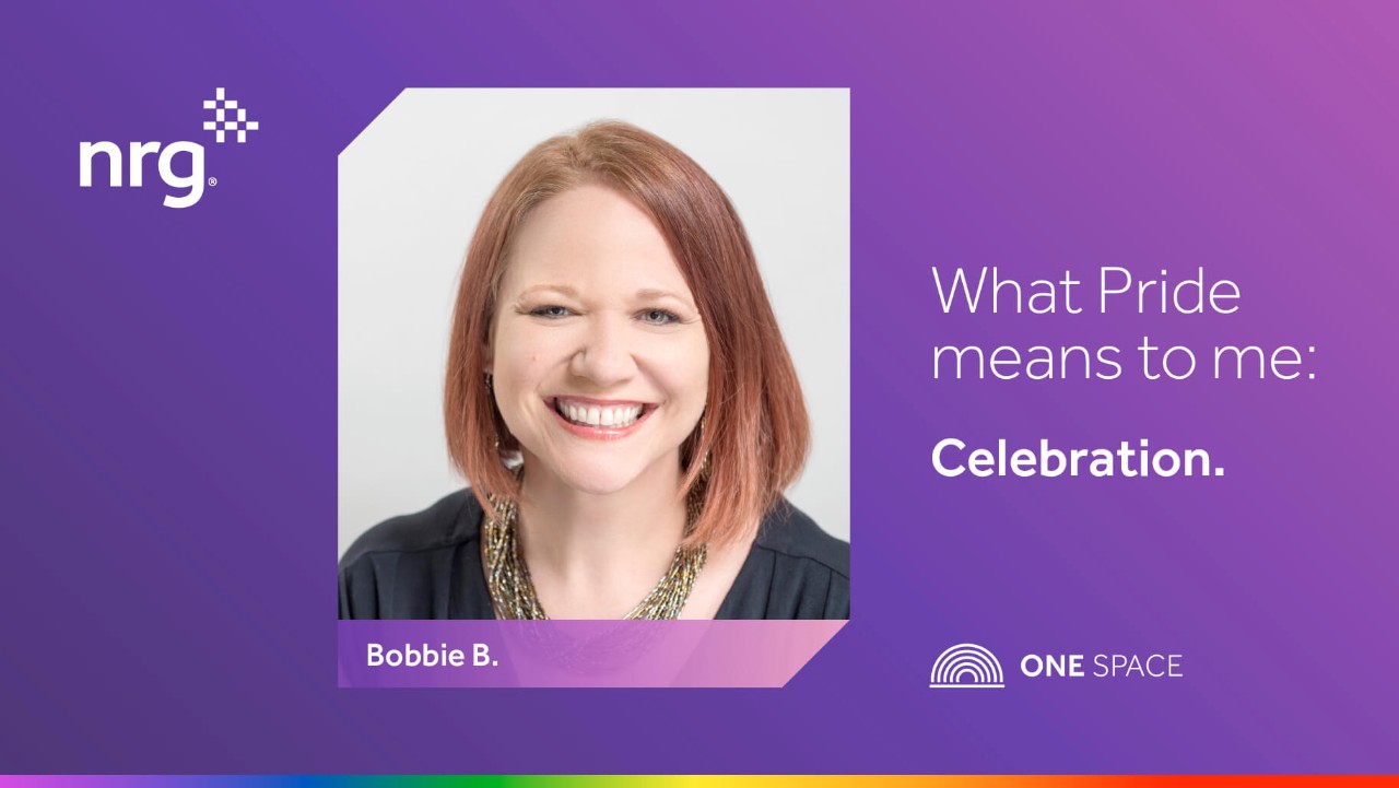 smiling person with red hair, text says What Pride means to me: Celebration. NRG and One Space logos.