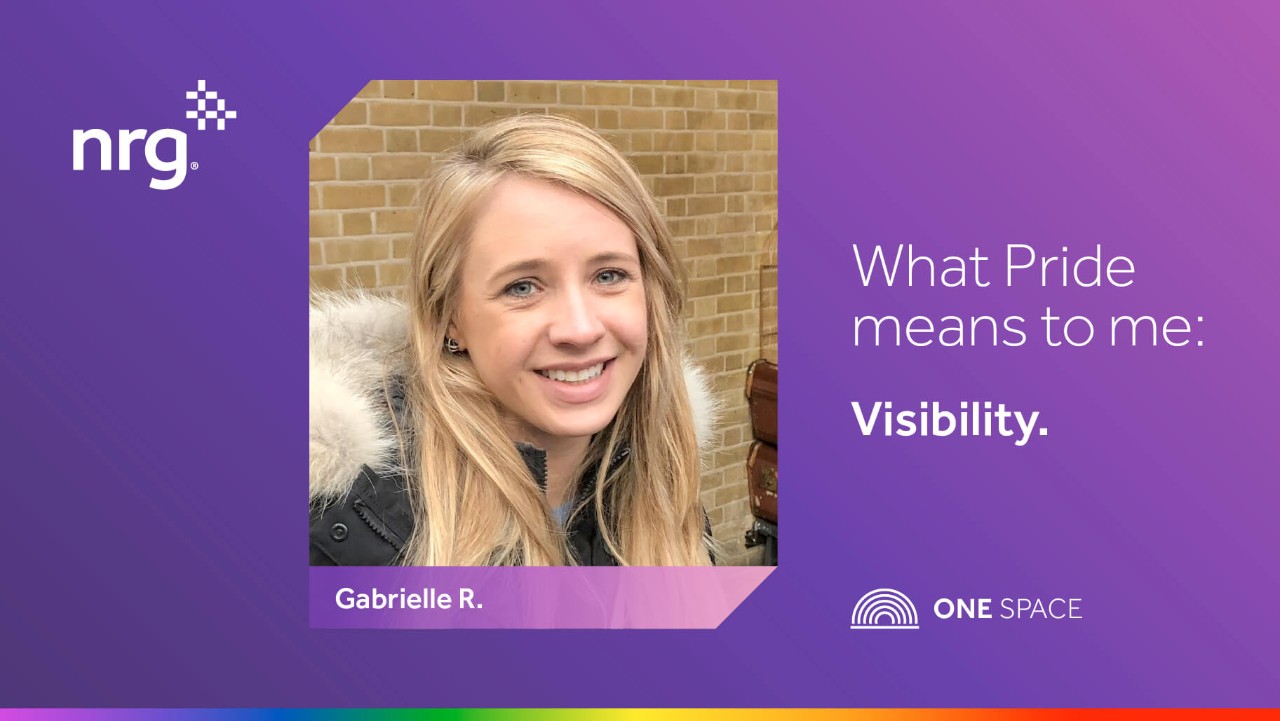 smiling person with blond hair in a coat. Text: What Pride means to me: Visibility.