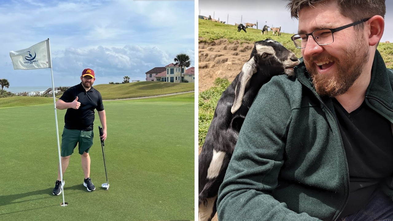 left: man golfing. right: man smiles as a goat nuzzles him outdoors.