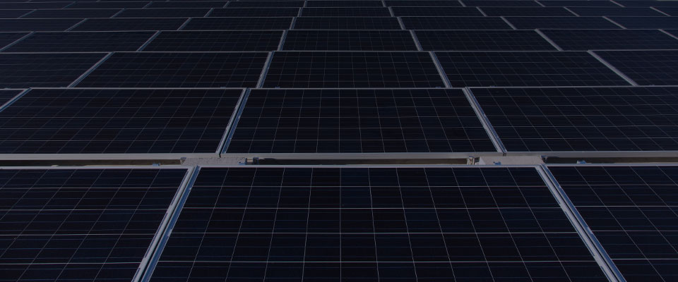 rows of dark blue solar panels arranged in a grid pattern at a large solar power facility.